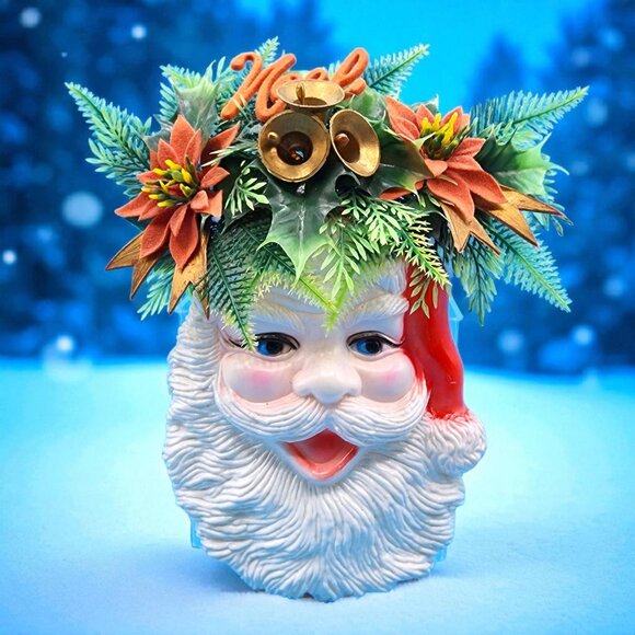 Vintage 1970s Santa Claus Wall Decor Bells & Flocked Poinsettias Noel Hong Kong - Picture 1 of 10